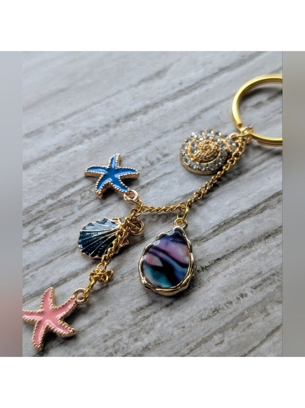 Gold and Blue Beachy Seashell Charm Keychain